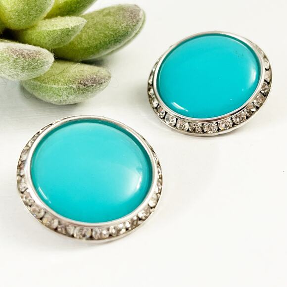 Lisner Jewelry - Lisner Vintage Teal Thermoset & Crystal Button Clip Earrings